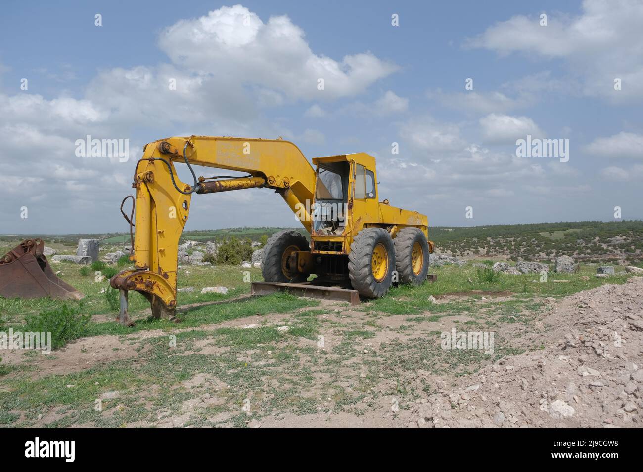 Abandoned and brownfield grader, grader  of  abandoned construction machine. Stock Photo