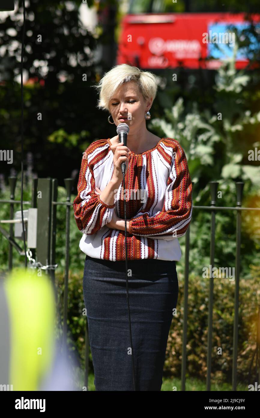 London, UK. 22nd May, 2022. Ukrainian singer Mariana Sadovska performs at the Mothers' March for Ukrainian Children believes that thousands of Ukrainian children abduct and transport in Russia. March from Marble Arch to the Russian Embassy ended, London, UK. - 22 May 2022. Credit: Picture Capital/Alamy Live News Stock Photo