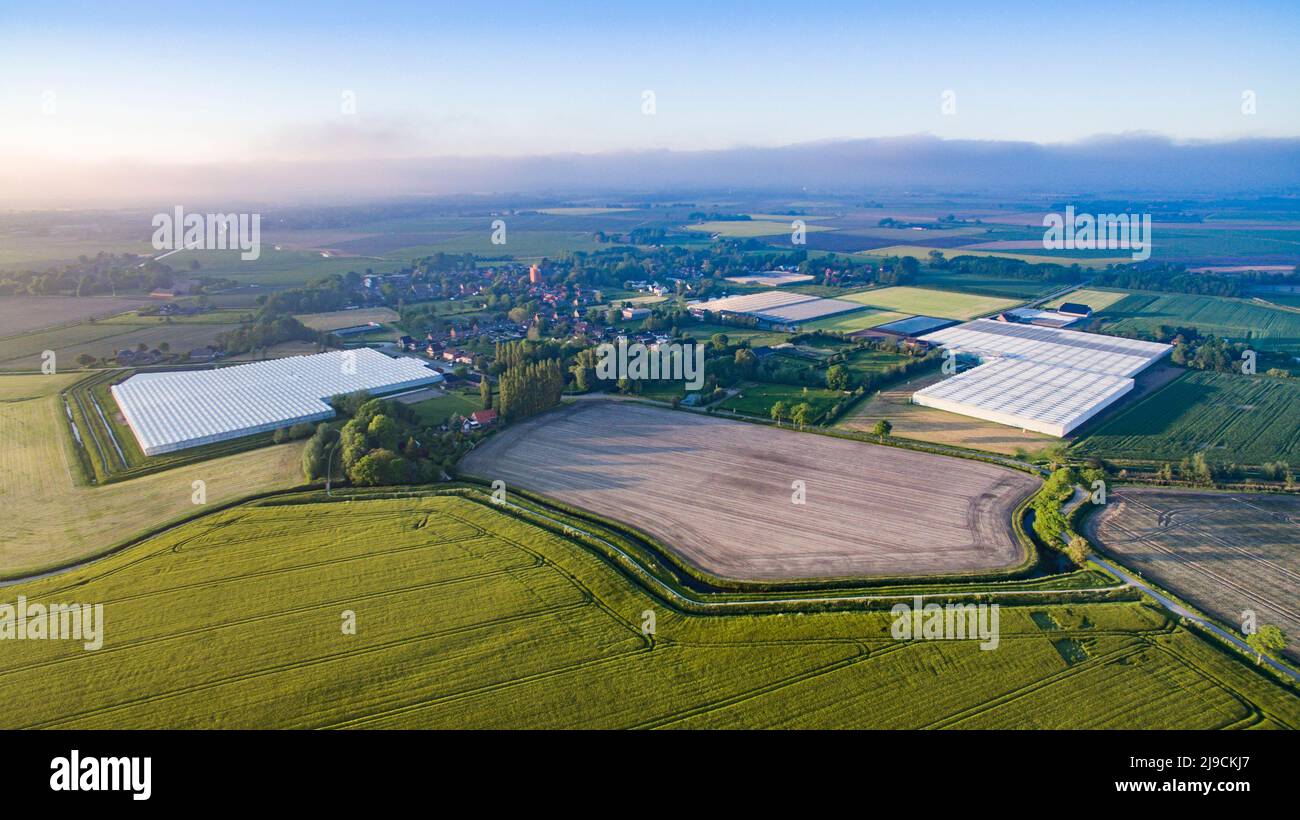 Drone aerial shot of typical dutch villages in Groningen, the Netherlands Stock Photo