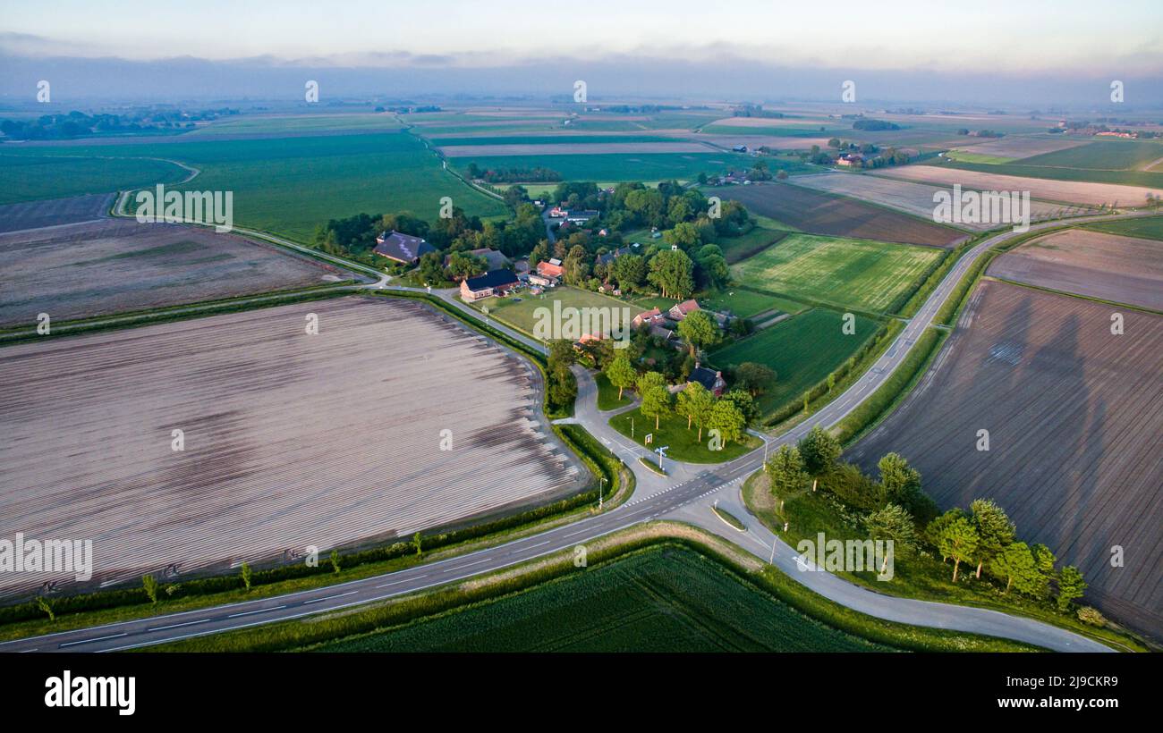 Drone aerial shot of typical dutch villages in Groningen, the Netherlands Stock Photo