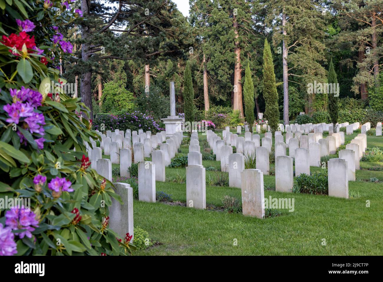 The Italian Plot at Brookwood Military Cemetery with broken column & headstones Stock Photo
