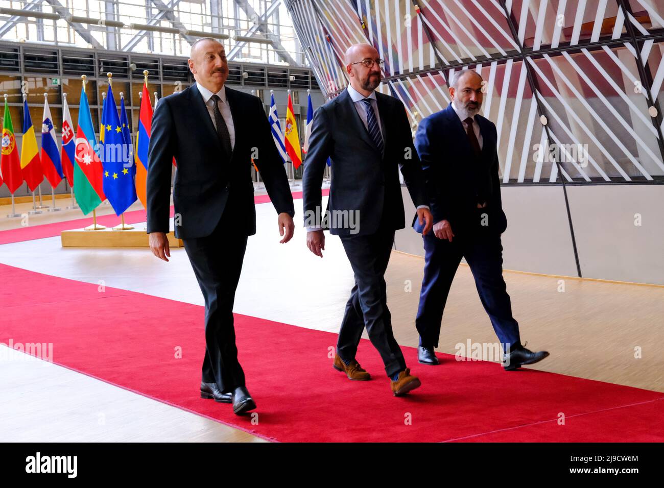 Brussels, Belgium. 22nd May, 2022. European Council President Charles MICHEL receives the President of Azerbaijan Ilham ALIYEV and the Prime Minister of Armenia Nikol PASHINYAN in Brussels, Belgium on May 22, 2022. Credit: ALEXANDROS MICHAILIDIS/Alamy Live News Stock Photo