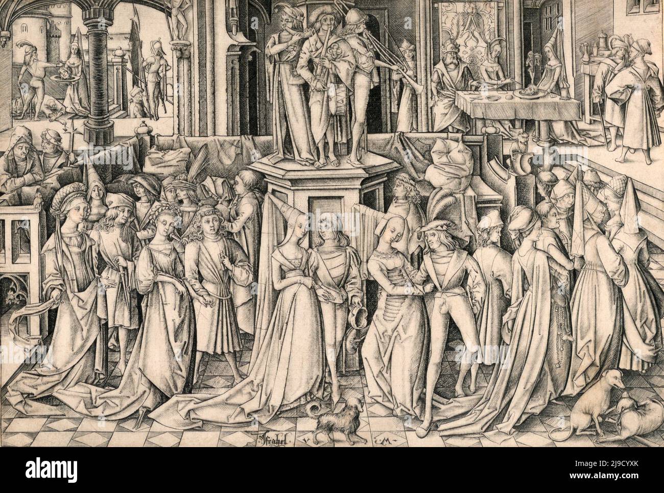 Feast of Herod with the Beheading of St John the Baptist . The scene shows the partygoers having fun with Salome enters the room with the severed head of John the Baptist and, on the left the executioner places the severed head on the platter Stock Photo