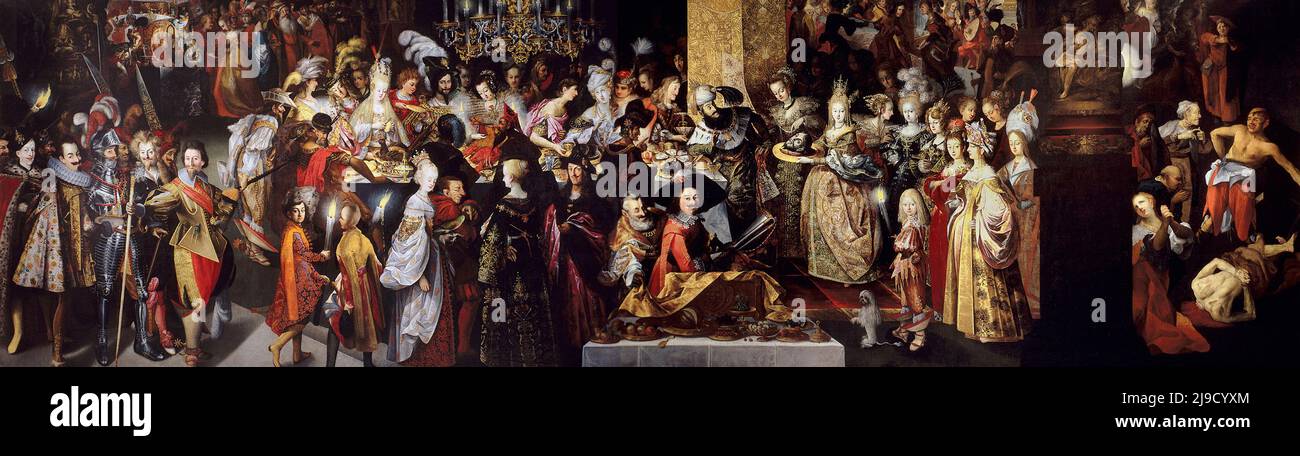 Feast of Herod with the Beheading of St John the Baptist by Bartholomeus Strobel . The scene shows the partygoers having fun with Salome enters the room with the severed head of John the Baptist and, on the right,a few mourn his headless body. Stock Photo