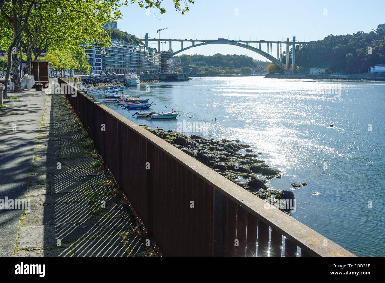 Arrabida Bridge over the Douro River in Porto backlit Stock Photo