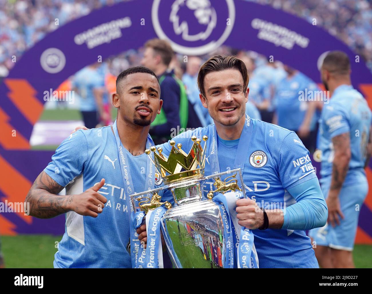 Manchester City's Gabriel Jesus and Jack Grealish with the Premier ...