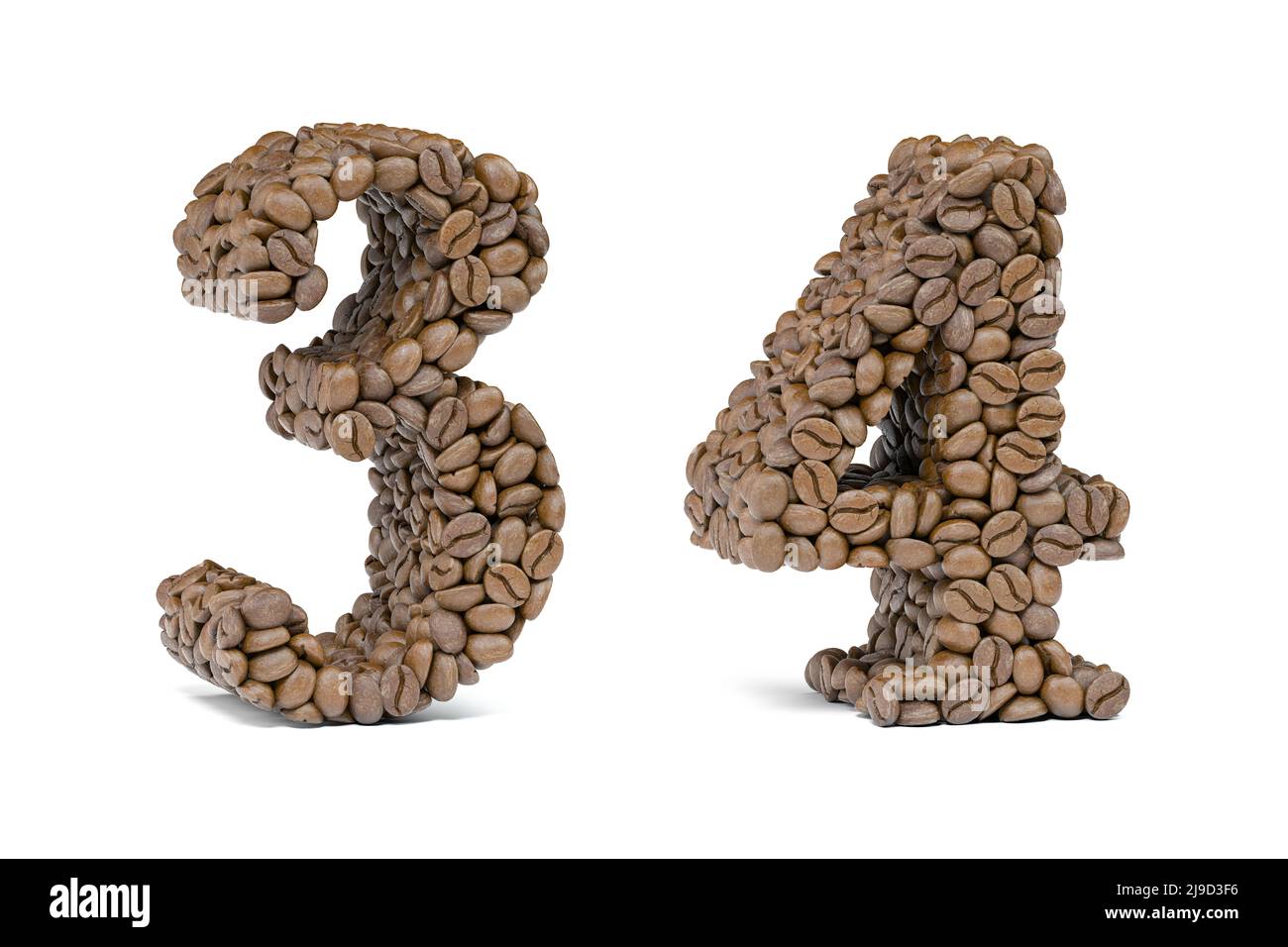 Number 3 three and number 4 four from coffee bean isoilated on white. Coffee alphabet font. 3d illustration Stock Photo