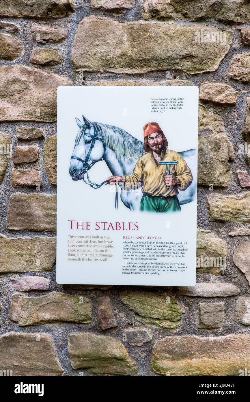 Sign with information about Craigmillar Castle, Edinburgh, Scotland, UK Stock Photo