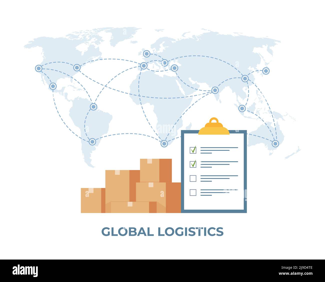 Cargo logistics transportation concept. Global logistic network. Clipboard with checklist and