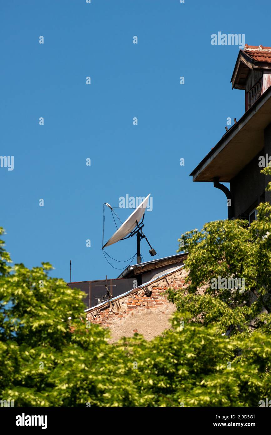 Satellite dish on residential building in Sofia, Bulgaria Stock Photo
