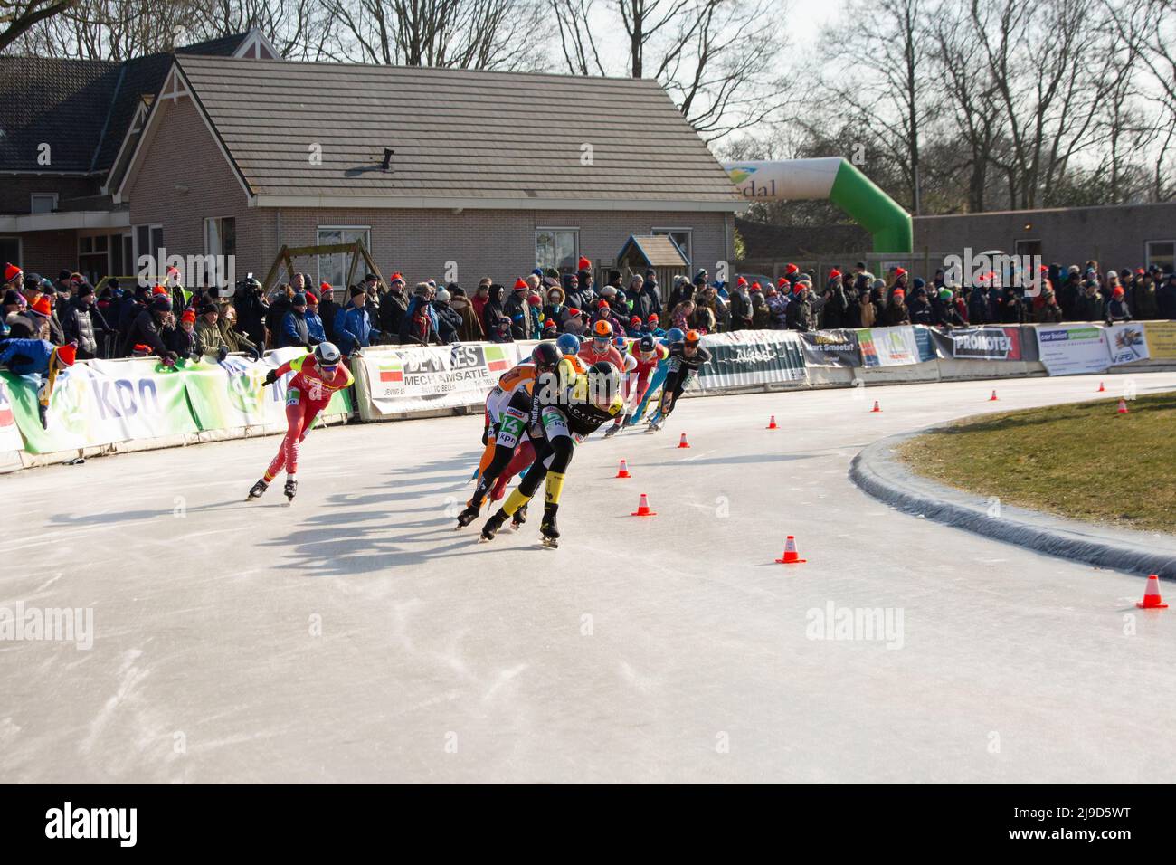 Marathon Ice speed skating on outdoor natural ice in Noordlaren in Drenthe, The Netherlands in 2018.  End results: 1)Simon Schouten, 2) Crispijn Arien Stock Photo