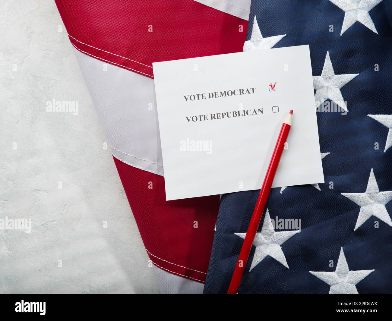 Ballot paper - Republican Party and Democratic Party, pencil and state American flag on a white background. Parliamentary elections, election campaign Stock Photo