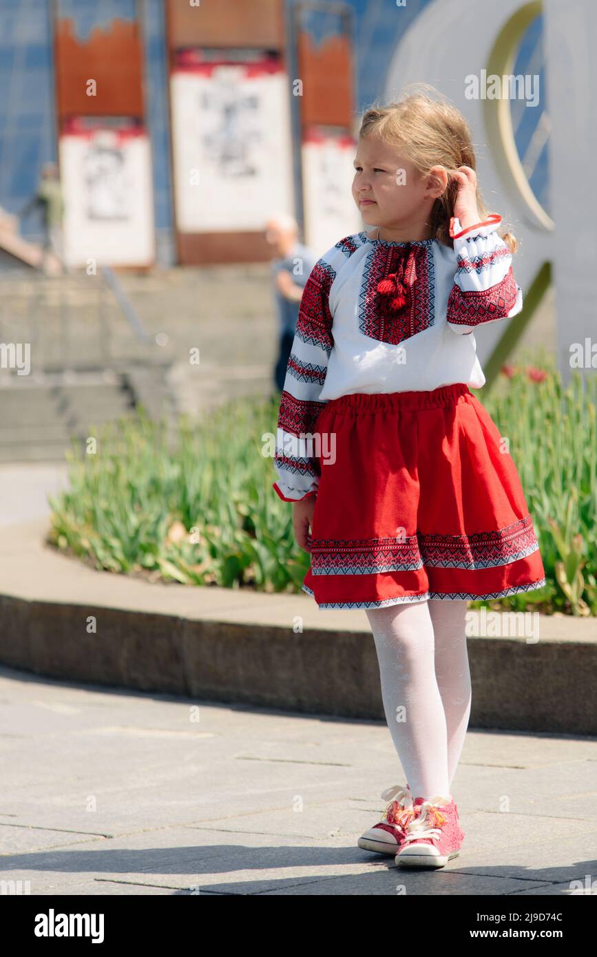 Kyiv, Ukraine - May 19, 2022: Maidan Nezalezhnosti. Vyshyvanka Day. Little girl wearing traditional ukrainian embroidered clothes Stock Photo