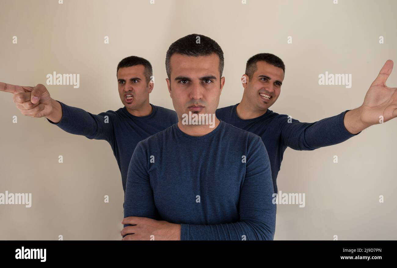 Portrait of a man with tree different emotional face expressions as a symbol of instant personality shifts. Concept of bipolar and borderline. Stock Photo