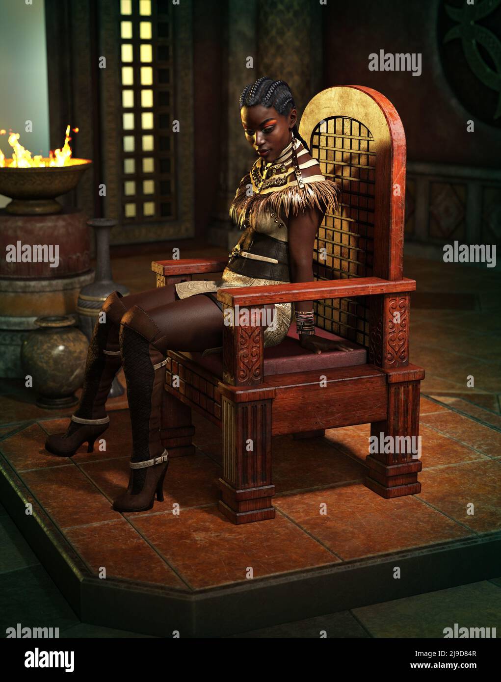 3d computer graphics of a woman sitting on a throne Stock Photo
