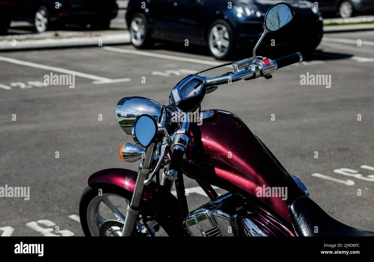 photo of classic motorcycle on parking. vintage chopper Stock Photo