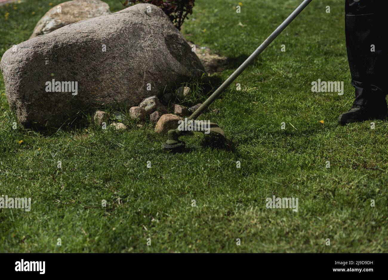 a worker mows the grass with a trimmer in the backyard. Gardening with a brushcutter Stock Photo