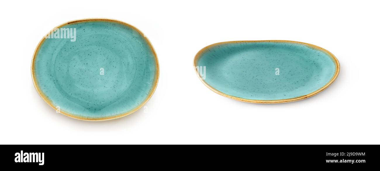 Oval porcelain plate isolated on a white background. Front view of ...