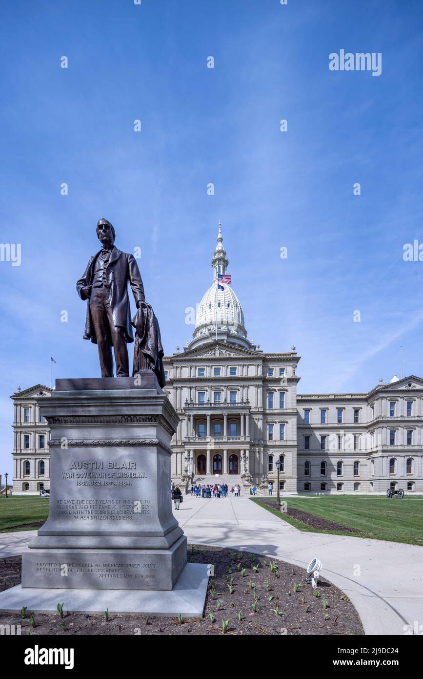 statue of Austin Blair in front of the Michigan State Capitol building, Lansing, Michigan, USA Stock Photo