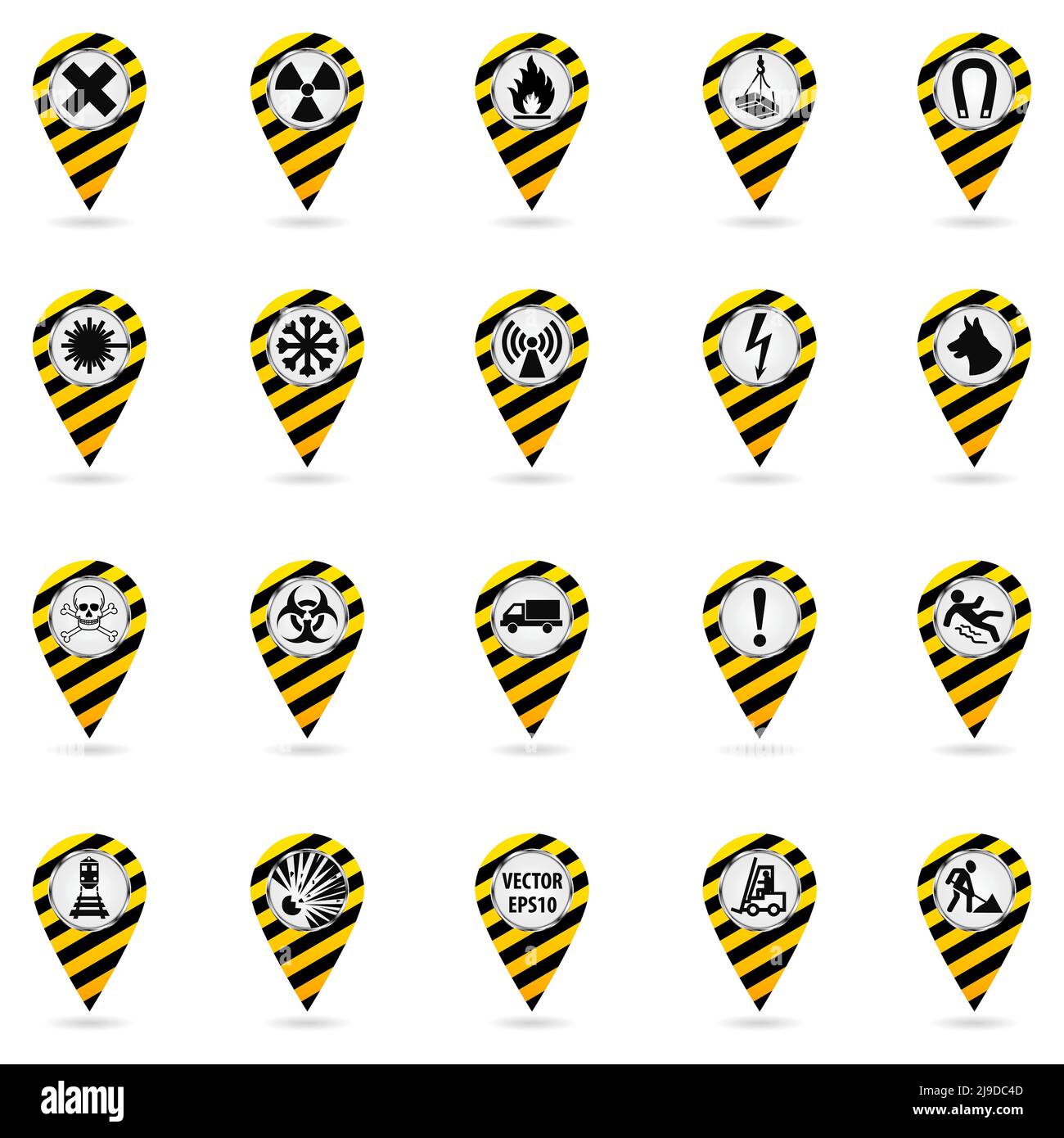 Map pointers. Set of safety symbols. Location and specify the coordinates on the map terrain. Industrial Design. Yellow black striped object on a whit Stock Vector