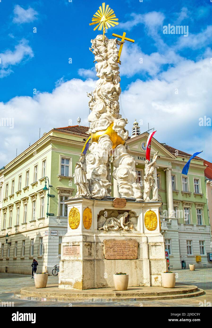 Baden near Vienna, Austria, main square wth plague column and town hall building Stock Photo