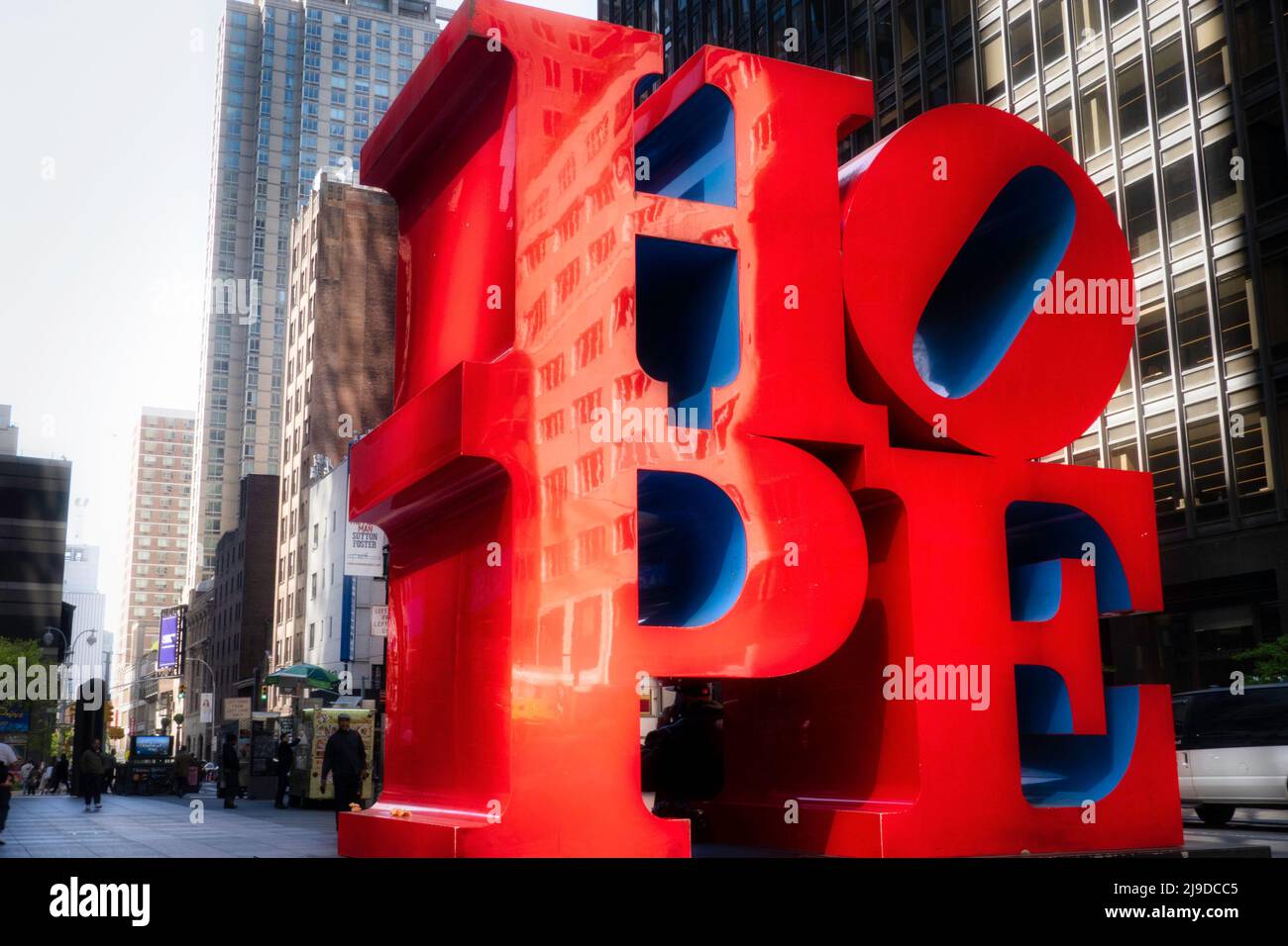 The HOPE sculpture by Robert Indiana is on display near times square, New York City, USA  2022 Stock Photo