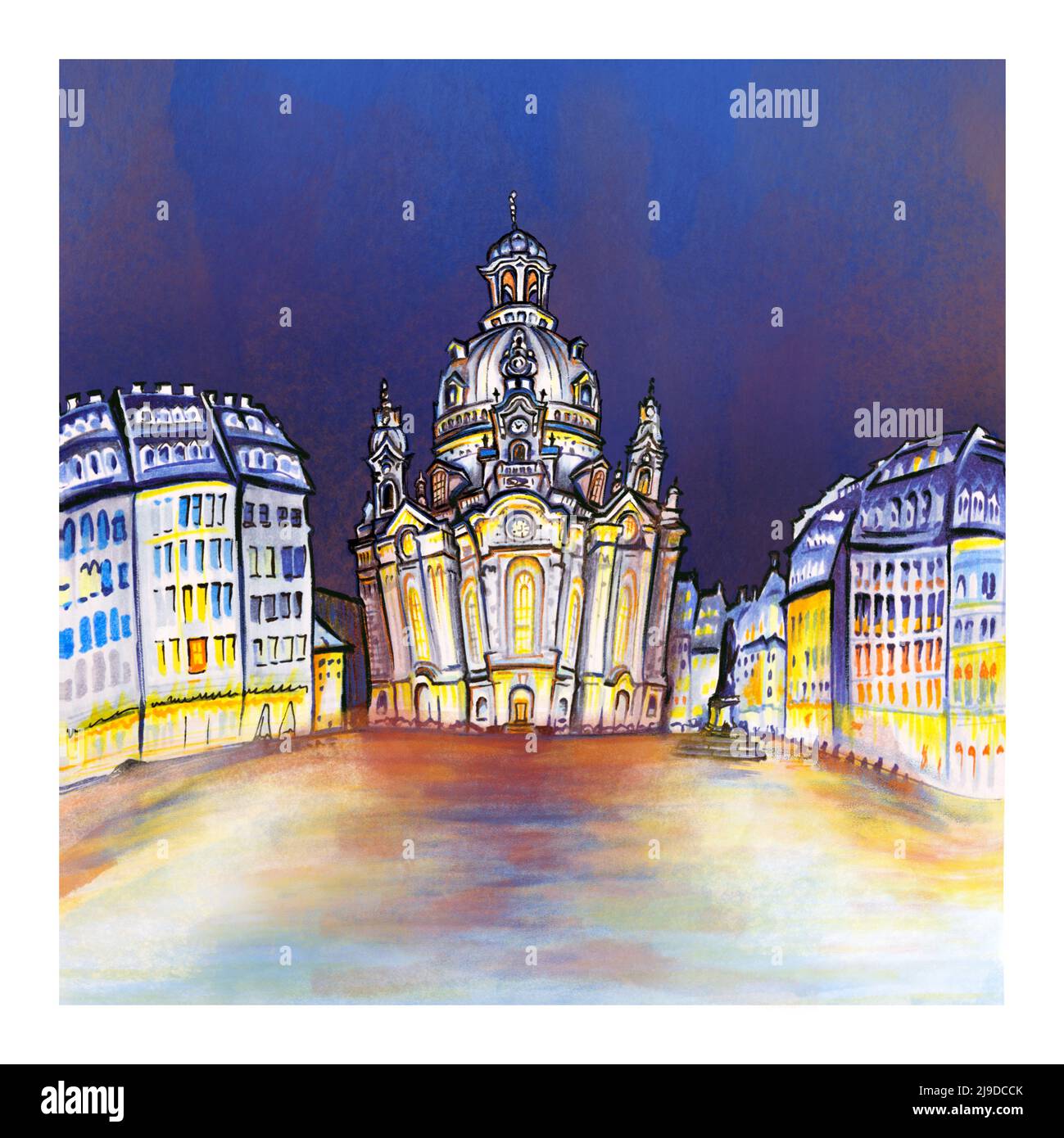 Marker sketch of Dresden Frauenkirche, Lutheran church of Our Lady, at night in Dresden, Saxony, Germany Stock Photo