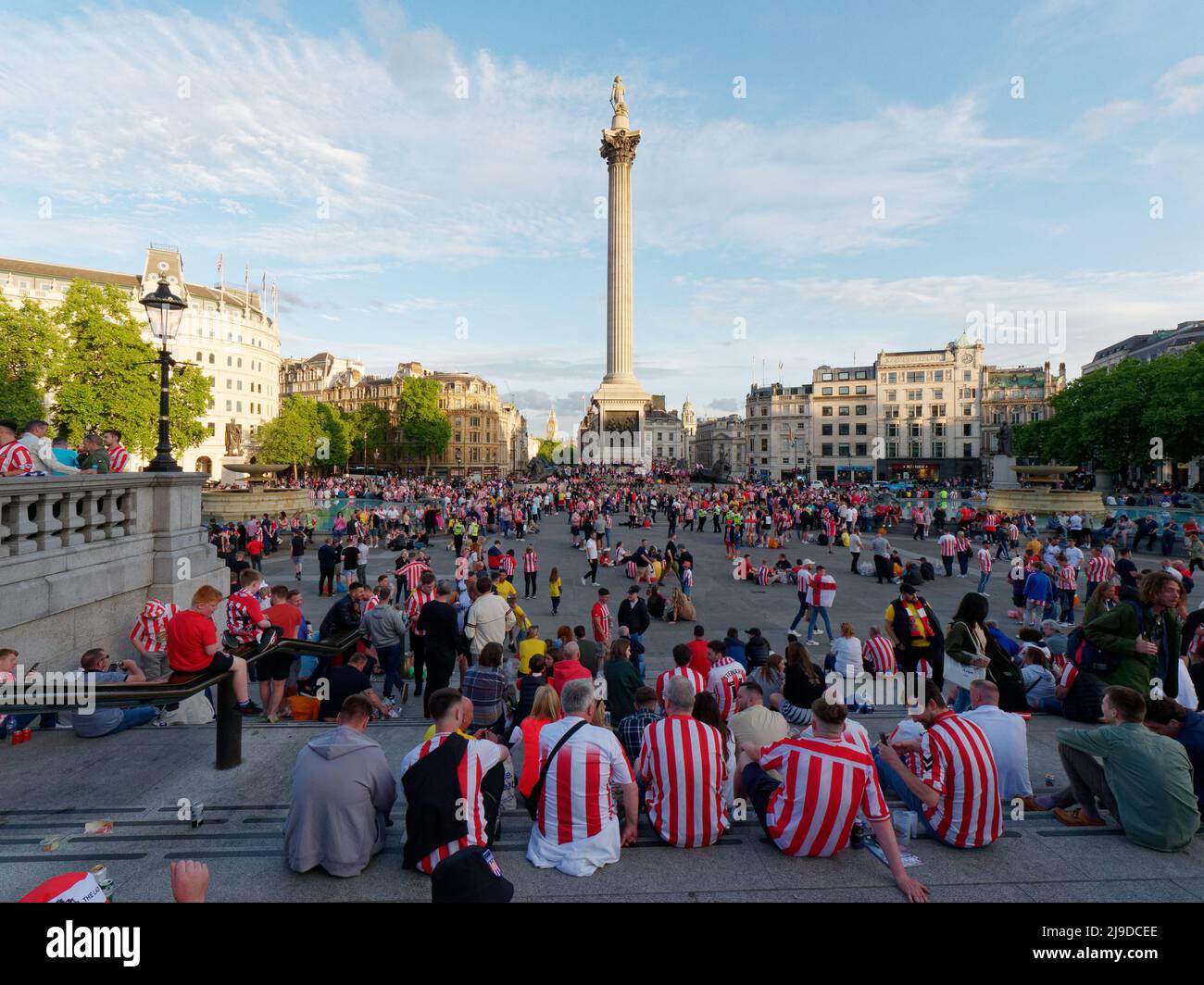 London, Greater London, England, May 21 2022: Sunderland football fans in Trafalgar Square following their victory over Wycombe in the play off final. Stock Photo