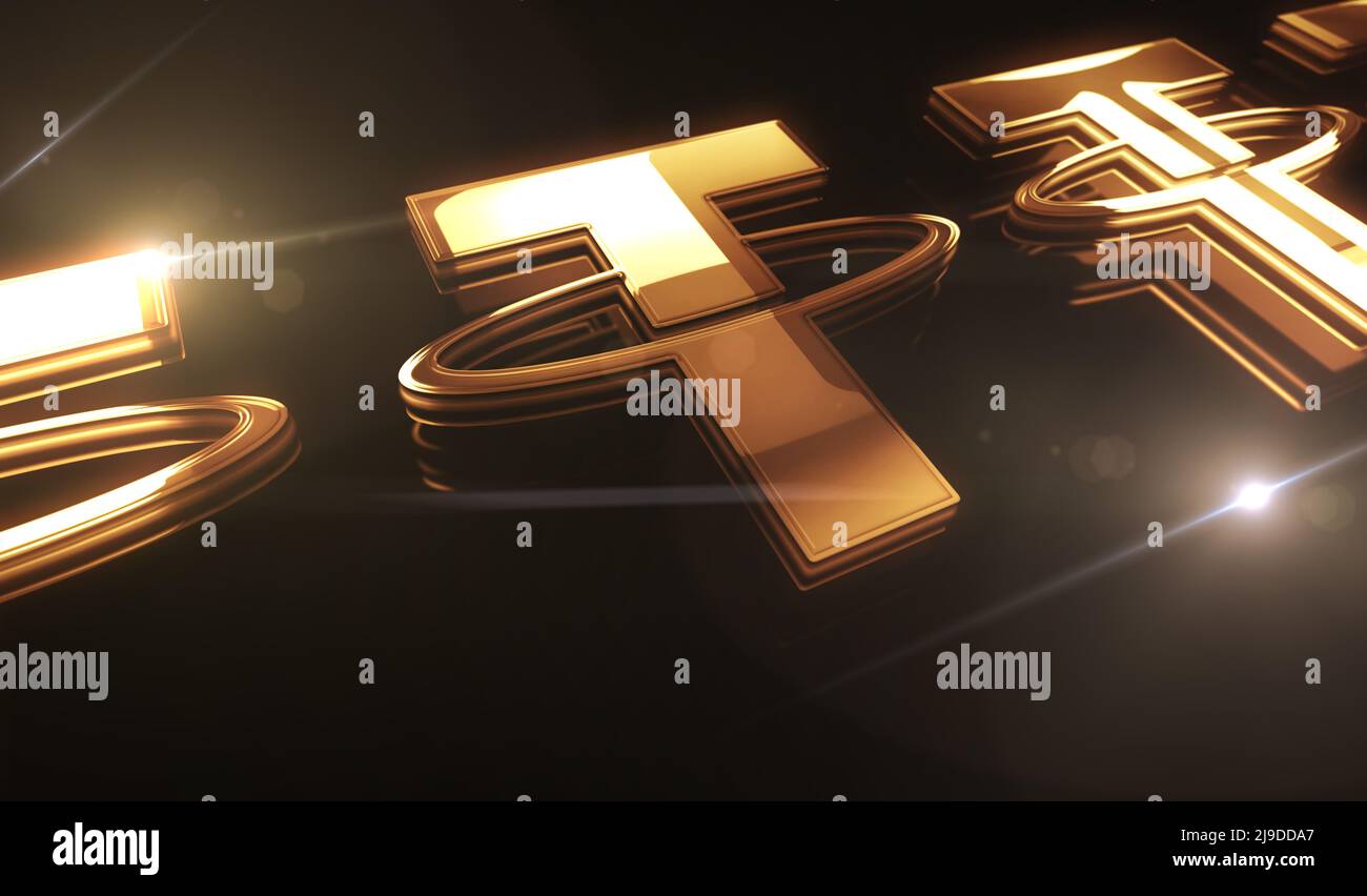 Tether stablecoin blockchain crypto currency and USDT digital money golden  metal shine symbol concept. Spectacular glowing and reflection light icon a  Stock Photo - Alamy
