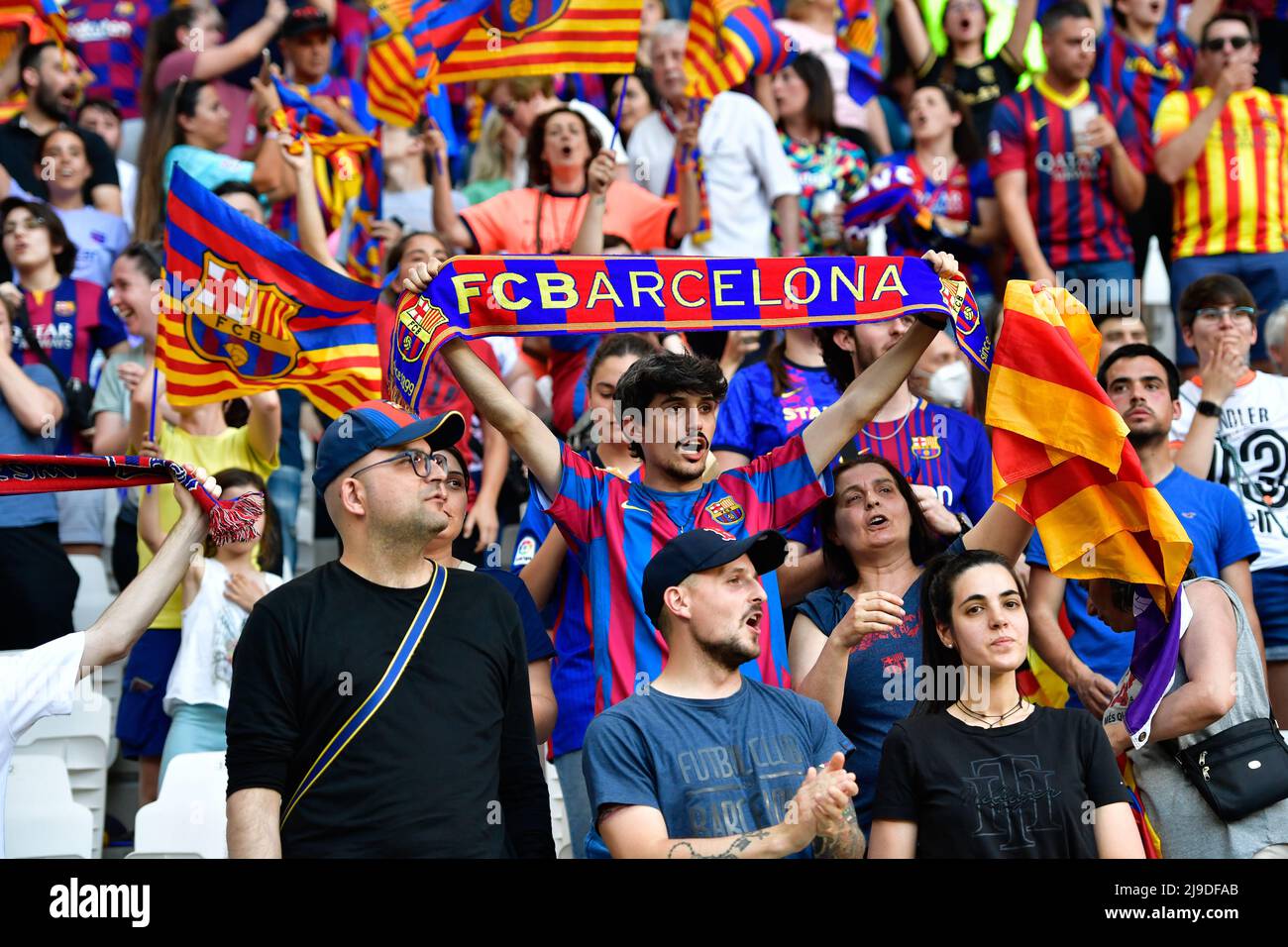 Turin, Italy. 21st, May 2022. Football fans of FC Barcelona seen on the stands during the UEFA Women’s Champions League final between Barcelona and Olympique Lyon at Juventus Stadium in Turin. (Photo credit: Gonzales Photo - Tommaso Fimiano). Stock Photo