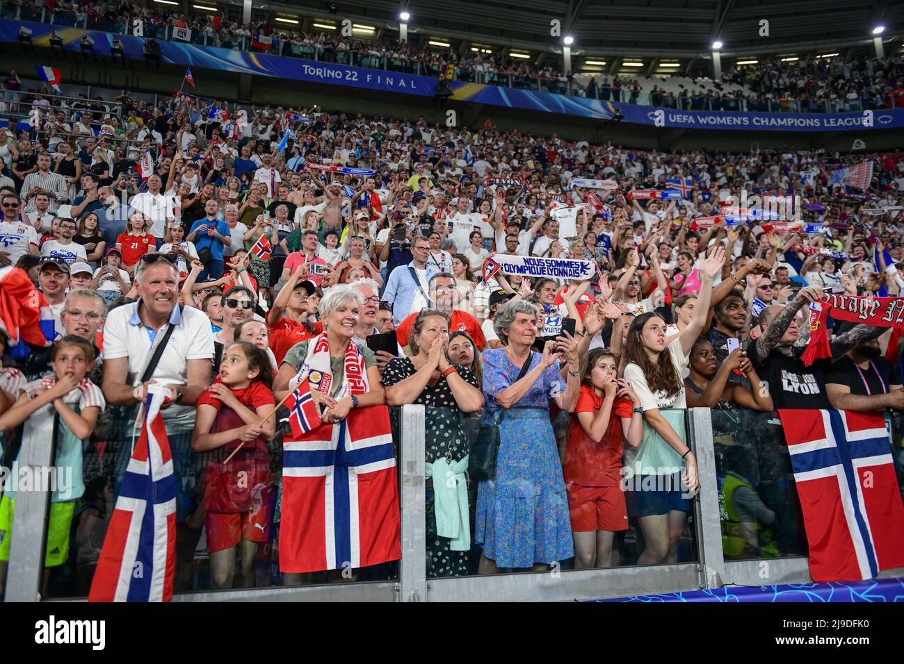 Turin, Italy. 21st, May 2022. Norwegian football fans of Olympique Lyon seen on the stands during the UEFA Women’s Champions League final between Barcelona and Olympique Lyon at Juventus Stadium in Turin. (Photo credit: Gonzales Photo - Tommaso Fimiano). Stock Photo
