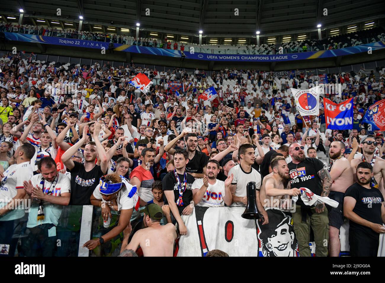 Turin, Italy. 21st, May 2022. Football fans of Olympique Lyon seen on the stands during the UEFA Women’s Champions League final between Barcelona and Olympique Lyon at Juventus Stadium in Turin. (Photo credit: Gonzales Photo - Tommaso Fimiano). Stock Photo