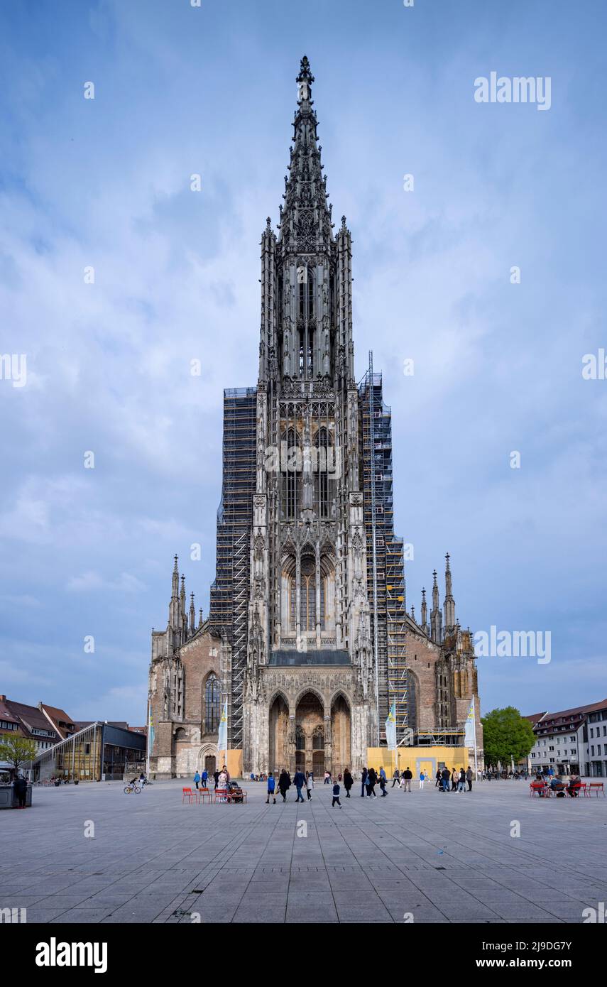 view of west facade with spire, Ulm Minster church, Ulm, Baden-Württemberg, Germany Stock Photo