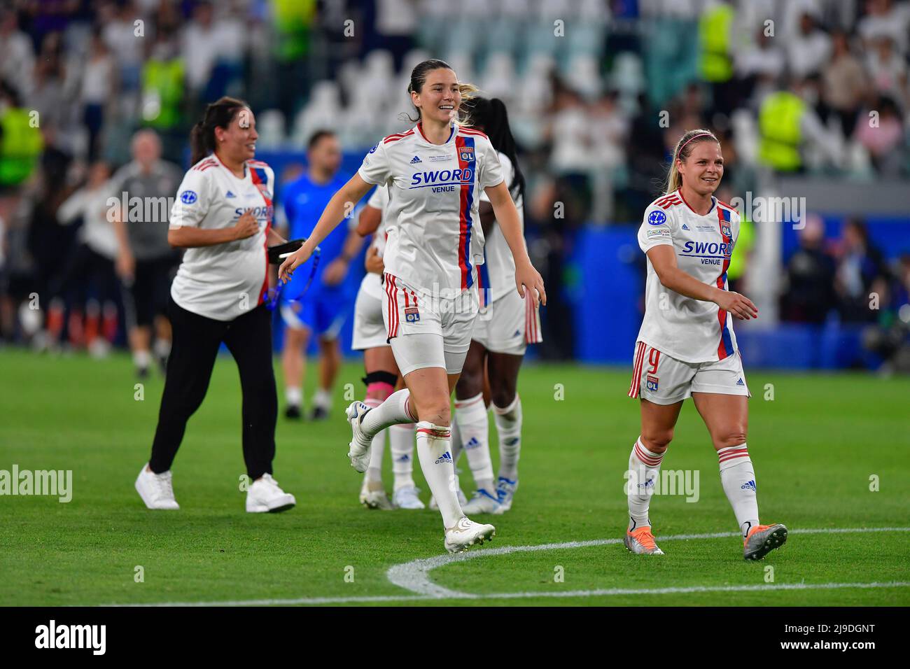 Turin, Italy. 21st, May 2022. Damaris Egurrola (11) and Eugenie Le Sommer (9) of Olympique Lyon are celebrating winning the UEFA Women’s Champions League final between Barcelona and Olympique Lyon at Juventus Stadium in Turin. (Photo credit: Gonzales Photo - Tommaso Fimiano). Stock Photo