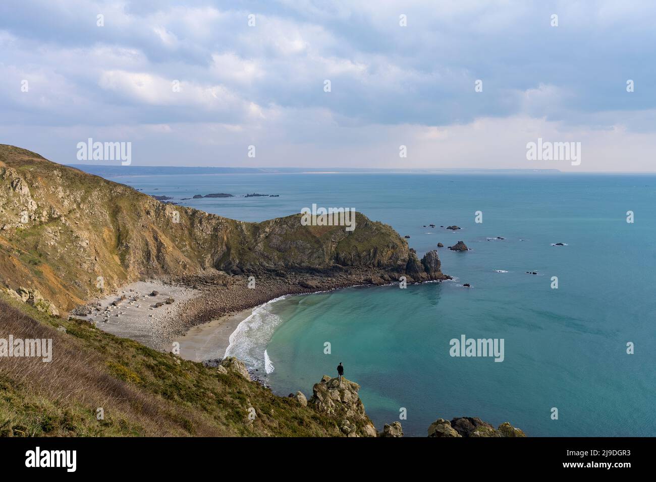 Landscape at sunrise over the Nez de Jobourg from the cliffs on the edge of the Channel Stock Photo