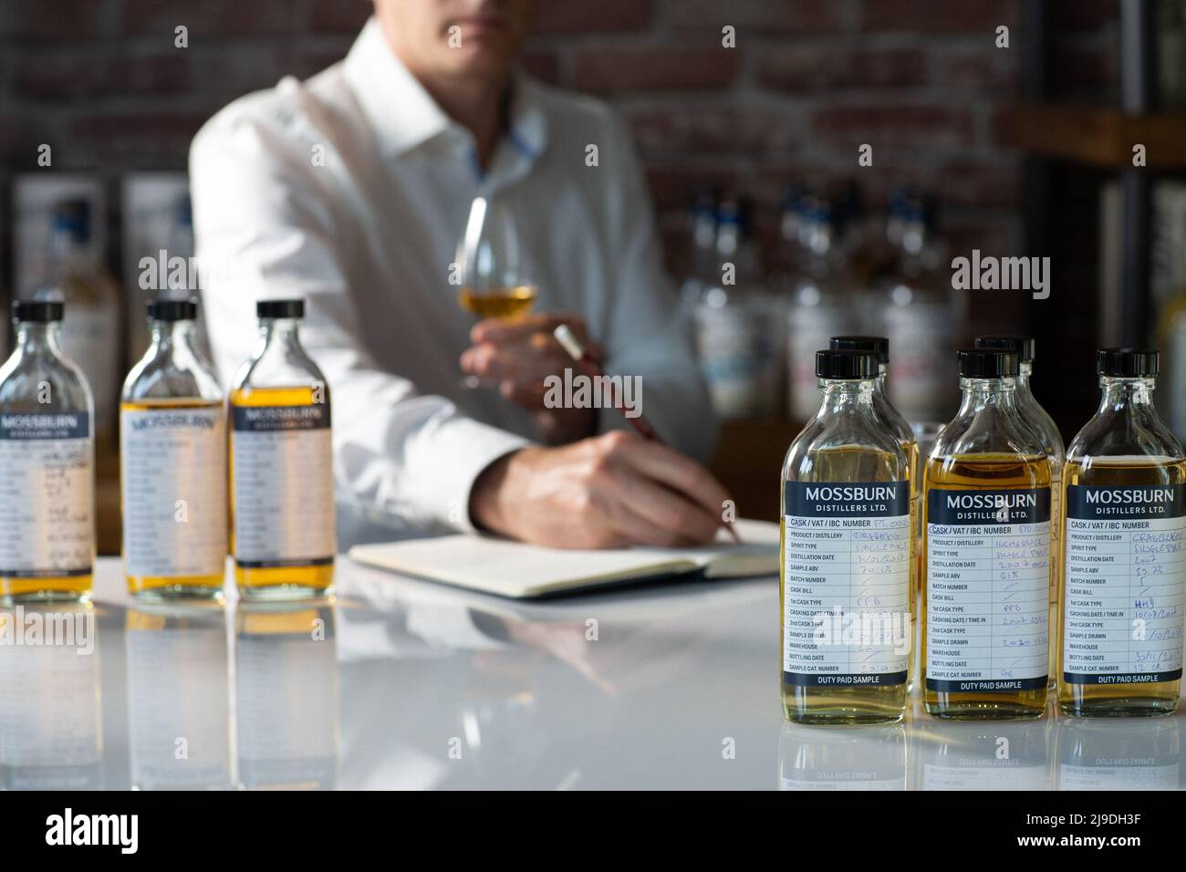 Single malt whisky blending . Whisky blender taking note Stock Photo