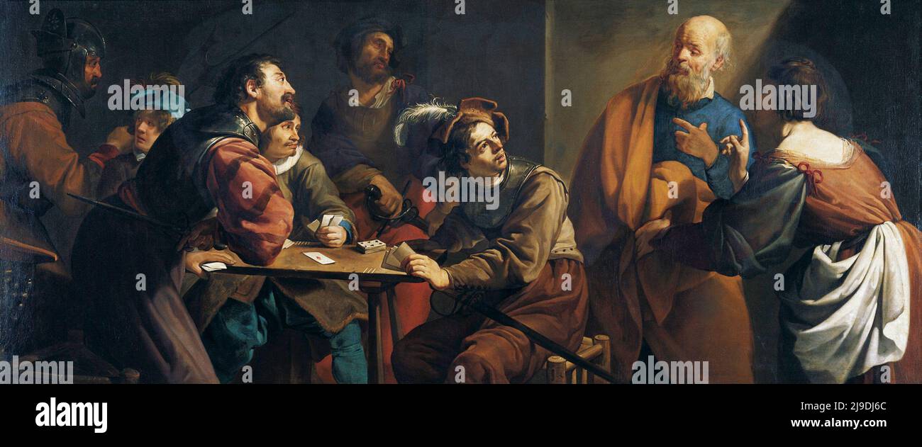 The Denial of Saint Peter painted by Theodoor Rombouts. This painting depicts the scene where, after the arrest of Jesus, St Peter denies knowing him when being confonted by the by the authorities. Stock Photo