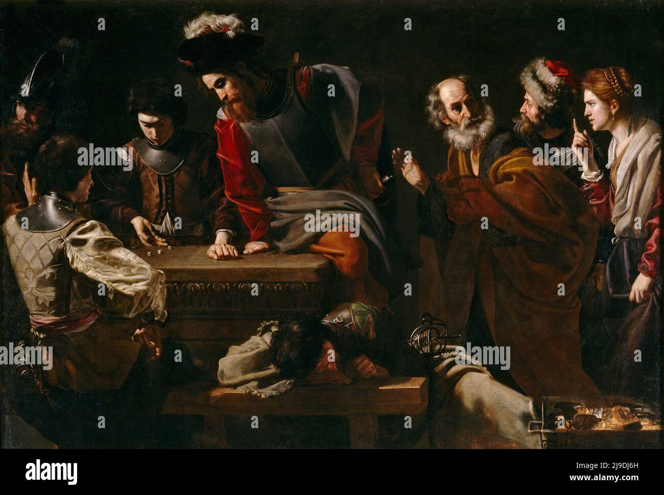 The Denial of St Peter painted by Nicolas Tournier,. This painting depicts the scene where, after the arrest of Jesus, St Peter denies knowing him when being confonted by the by the authorities. Stock Photo