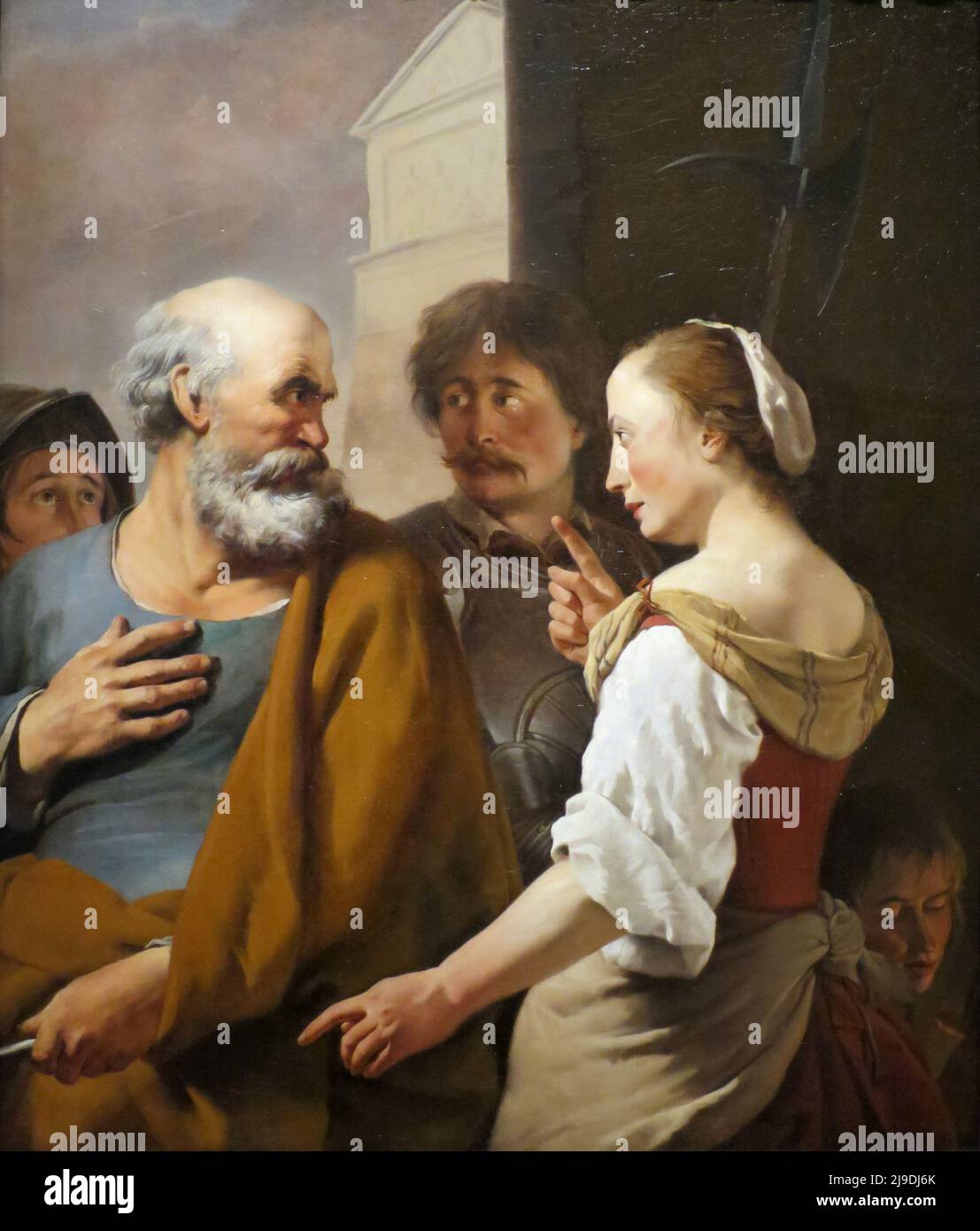 The Denial of Peter painted by Karel Dujardin. This painting depicts the scene where, after the arrest of Jesus, St Peter denies knowing him when being confonted by the by the authorities. Stock Photo