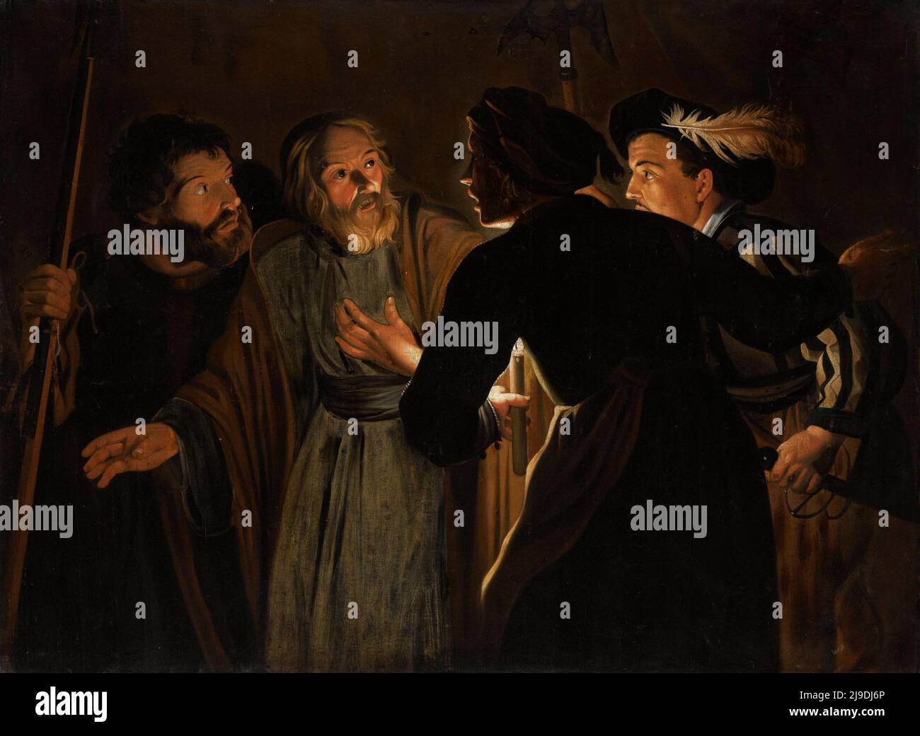 The Denial of Saint Peter by Gerard Seghers. This painting depicts the scene where, after the arrest of Jesus, St Peter denies knowing him when being confonted by the by the authorities. Stock Photo