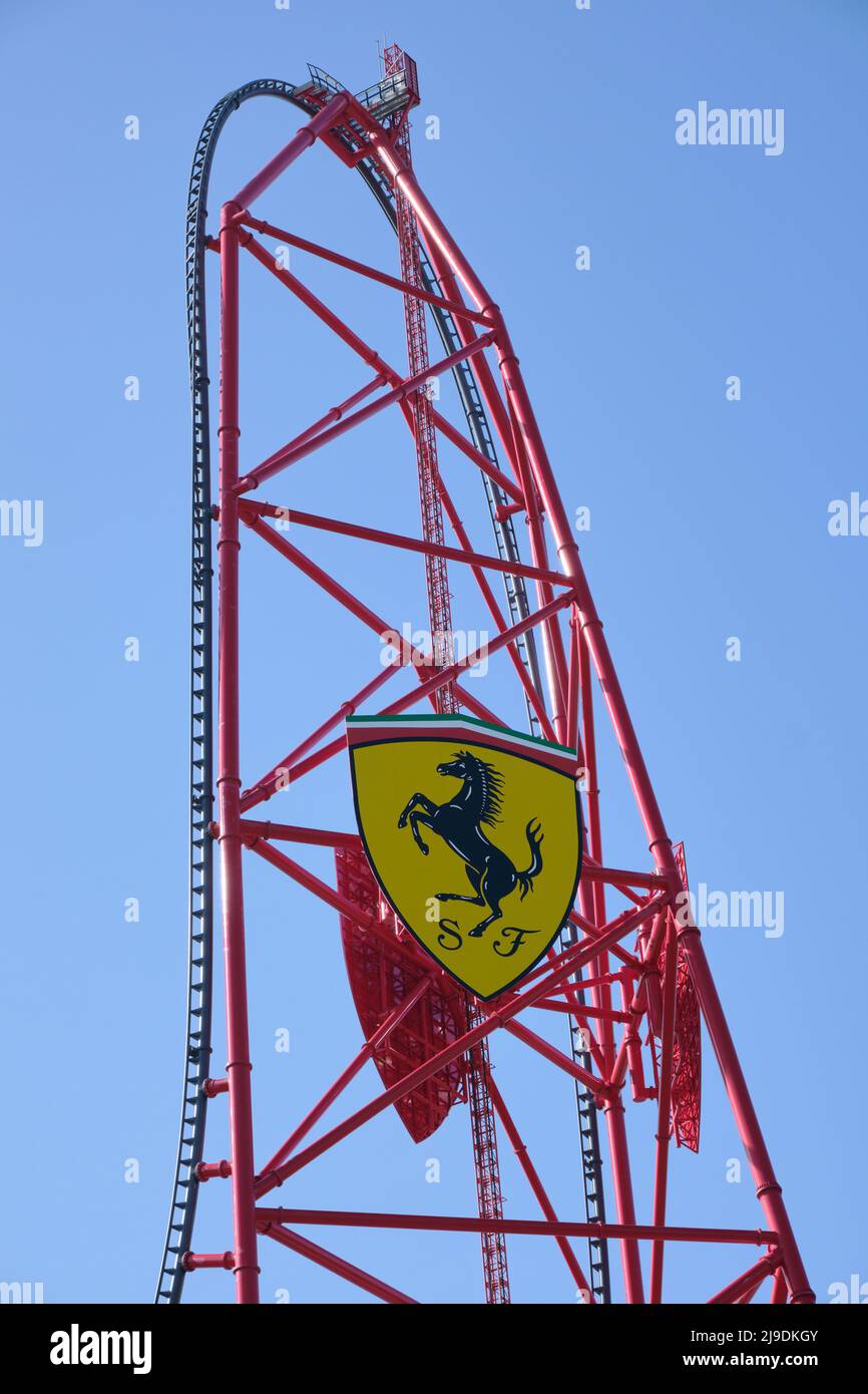 Salou, spain - May 20, 2022: Roller coaster sponsored by the Ferrari car  factory, with the shield of its logo fixed to the platform Stock Photo -  Alamy