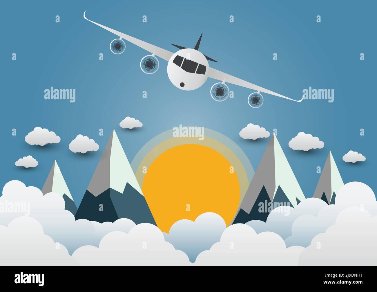 The plane soars over the mountains with beautiful sunsets over the clouds,Vector illustration Stock Vector