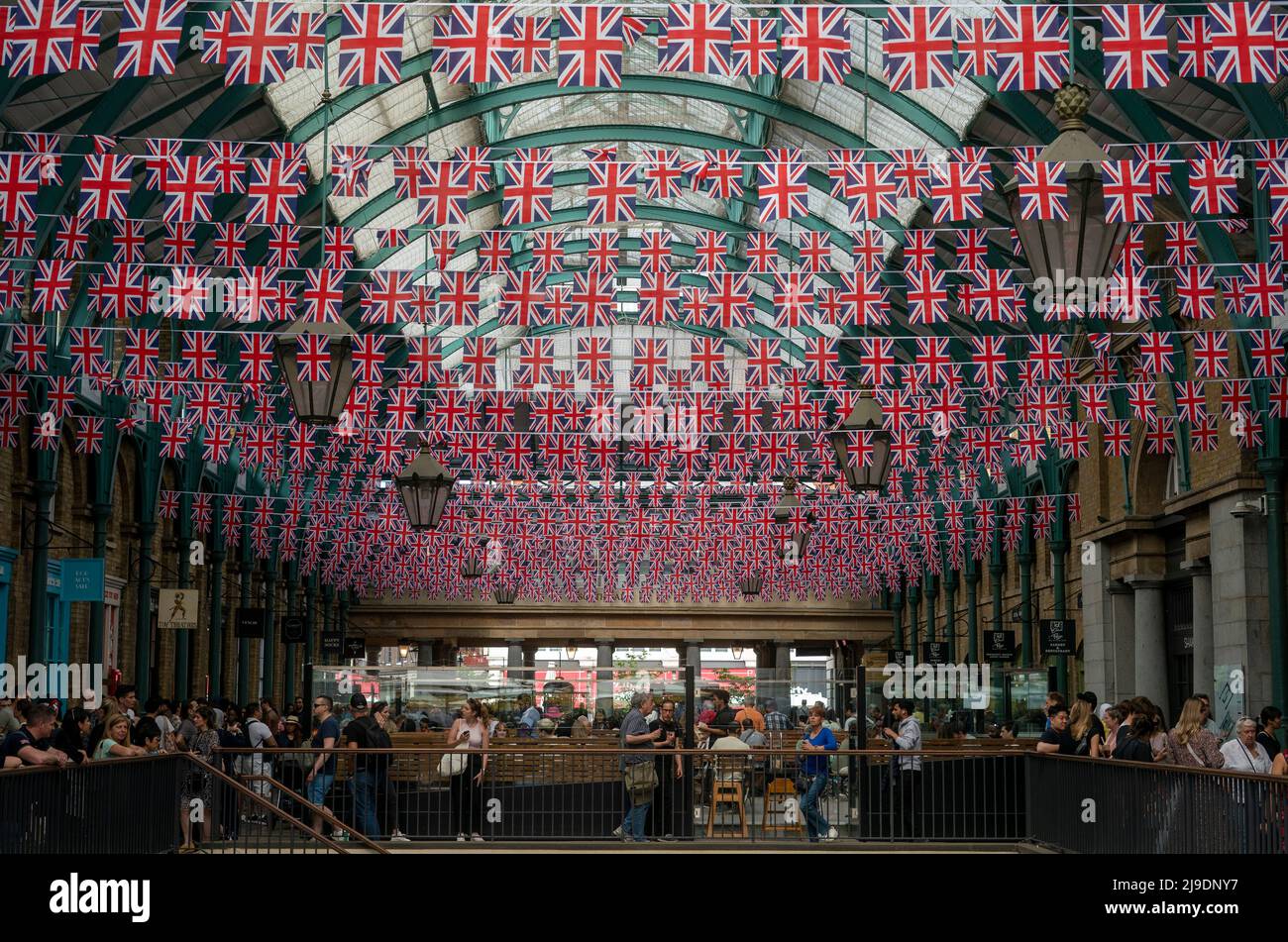 Union Jack flags hang in Covent Garden ahead of The Queen's Platinum