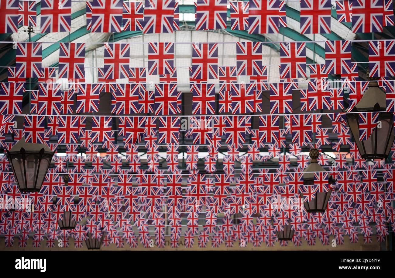 Union Jack flags hang in Covent Garden ahead of The Queen's Platinum