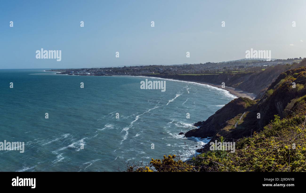 View from Cliff Walk Bray to Greystones with beautiful coastline, cliffs and sea. Greystones, Ireland. Stock Photo