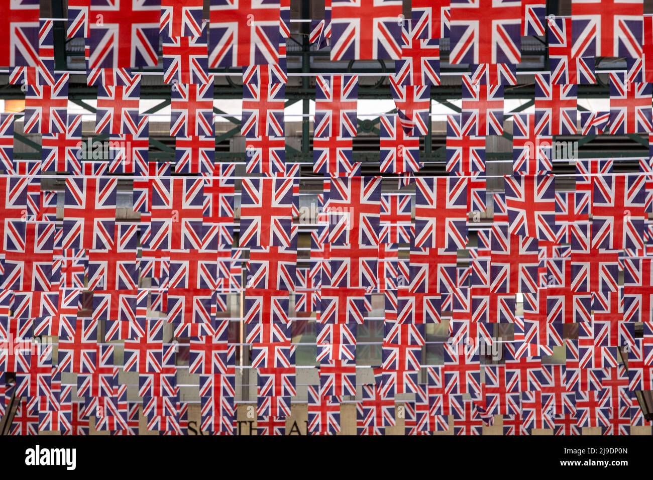 Union Jack flags hang in Covent Garden ahead of The Queen's Platinum