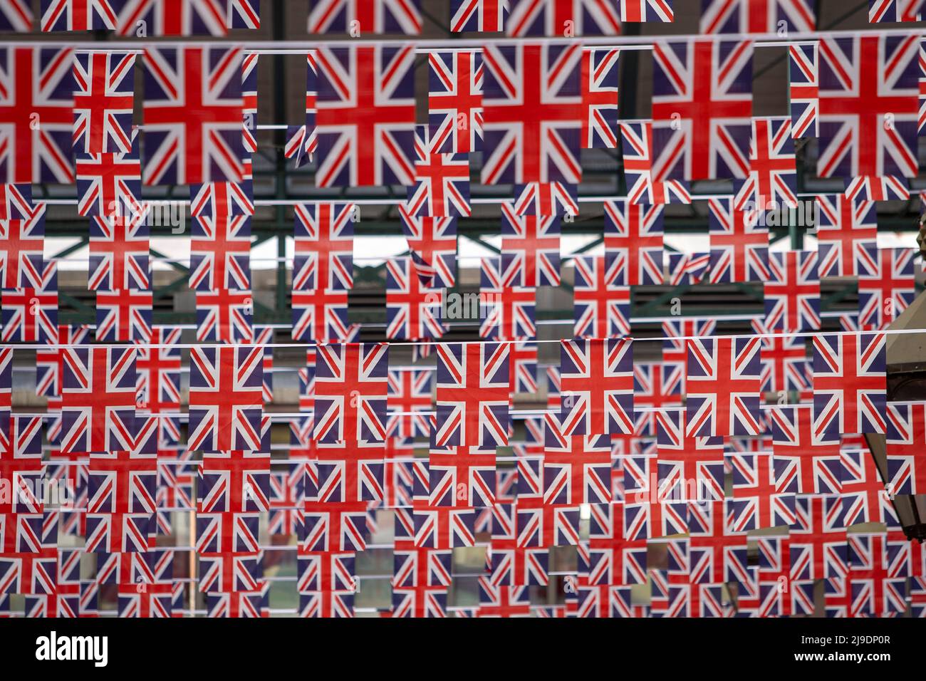 Union Jack flags hang in Covent Garden ahead of the The Queen's