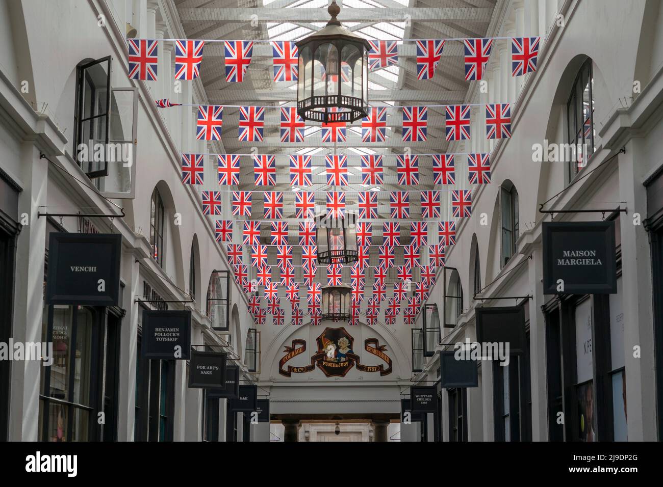 Union Jack flags hang in Covent Garden ahead of the The Queen's