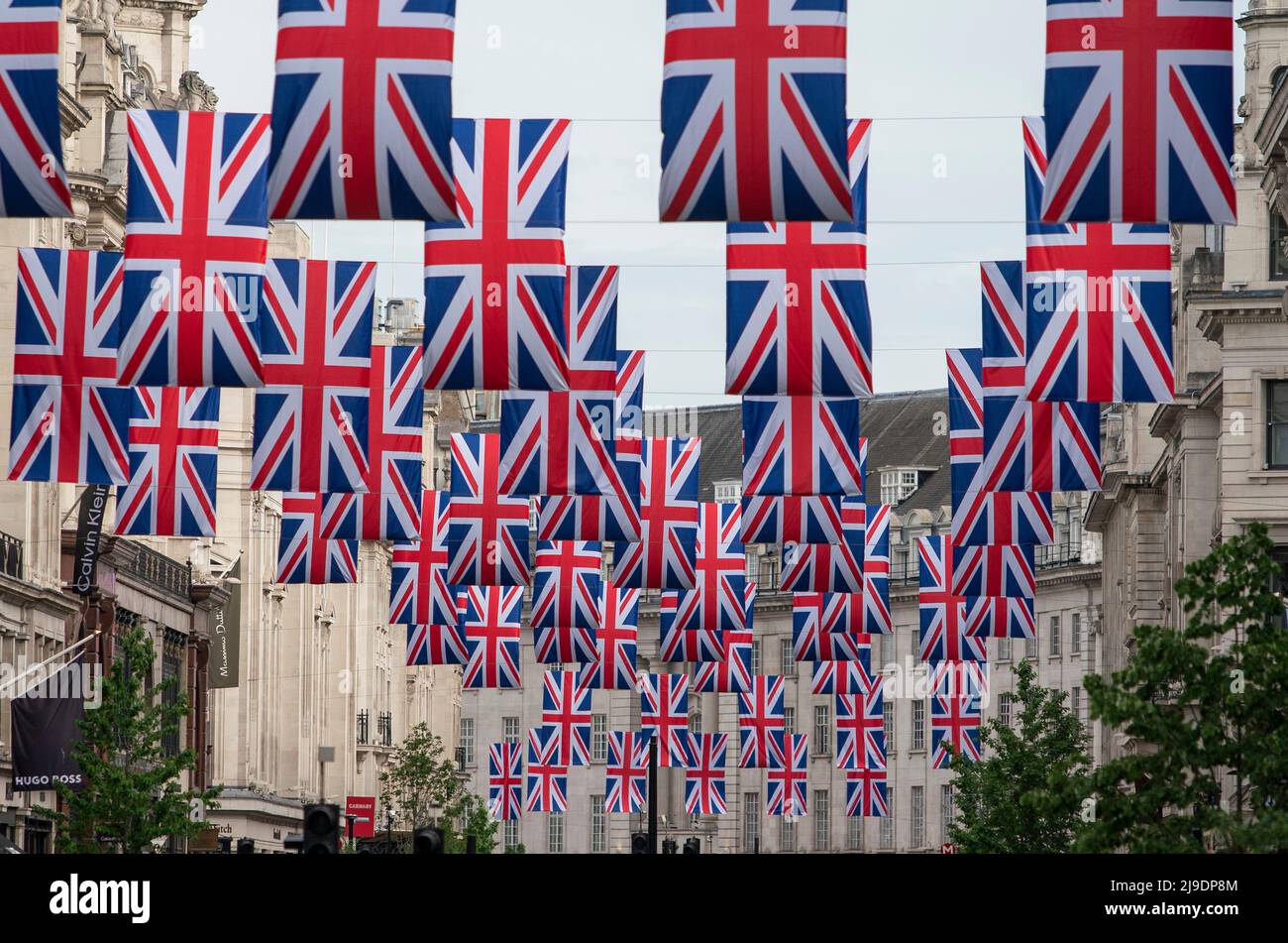 Union Jack flags hang in Regents Street in London ahead of the Platinum
