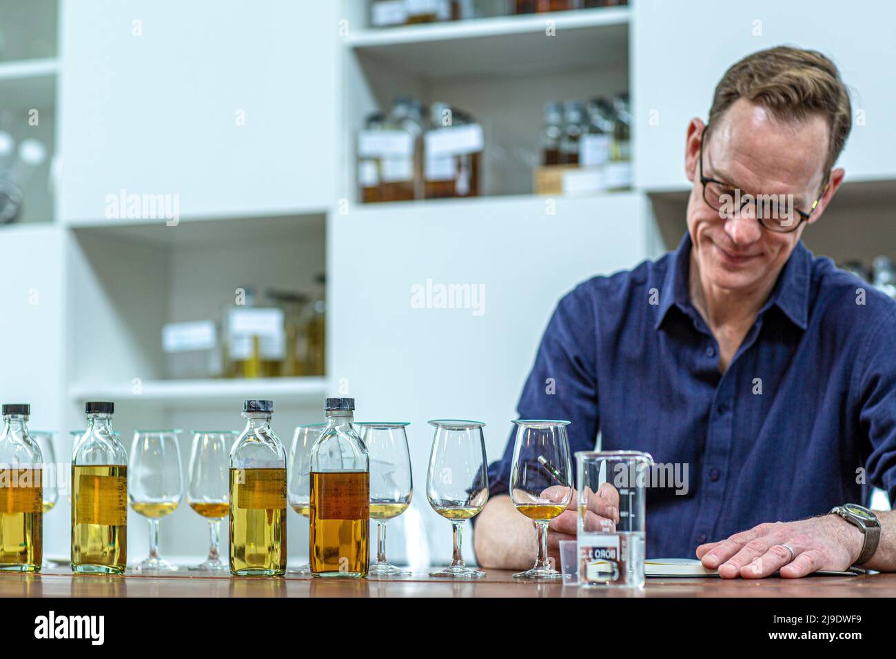 John Glaser owner of Compass Box in his blending room in London, United Kingdom. Stock Photo